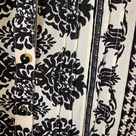 Lands’ End Black White Houndstooth Floral Tie Neck Button Front LS Tunic Sz 12 - Picture 7 of 16